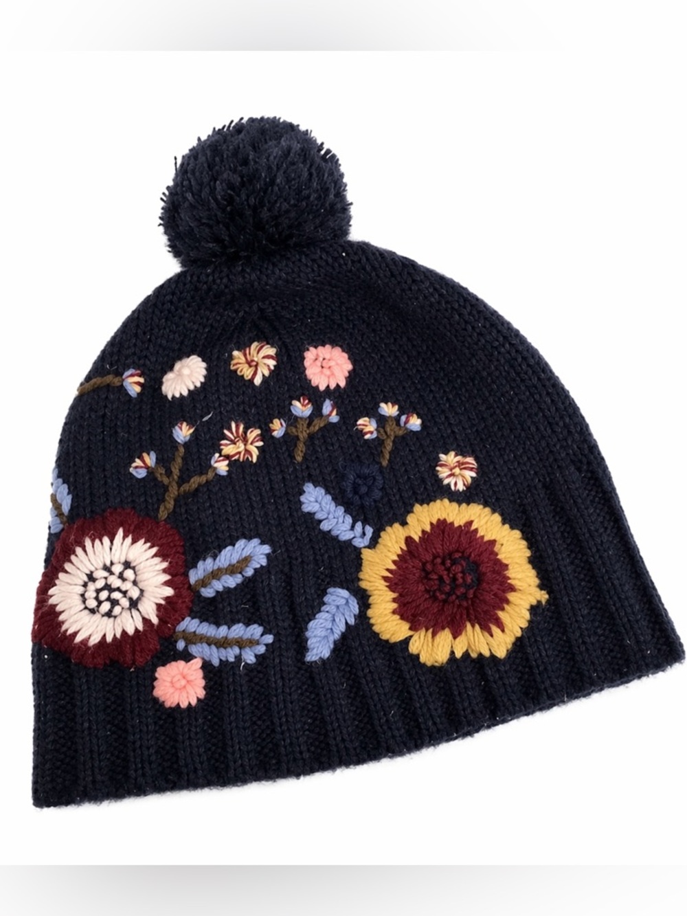 STUDIO WORKSHOP Women's Floral Embroidered Knit Pom Beanie - Navy & Multicolor